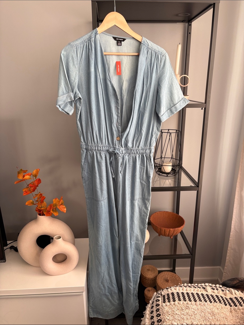 139 Joe Fresh Light Blue Chambray Short Sleeve Jumpsuit